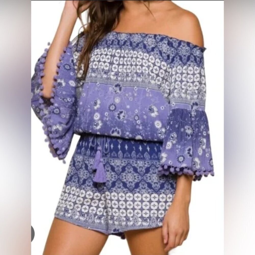 Raga Anthropologie Luana Off-The-Shoulder Boho Romper Pom Pom Blue White XS
